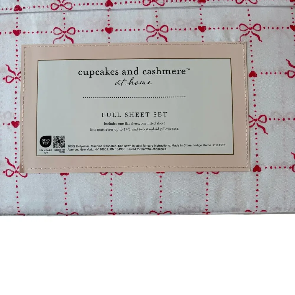 Cupcakes & Cashmere Checkered Bow FULL Sheet Set Chic Pink & White Bedding NEW